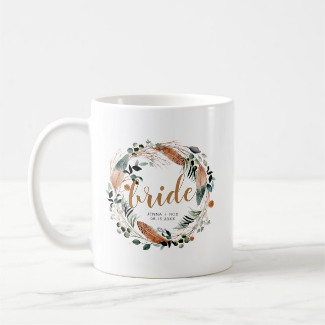 Mug de la mariée Bohème à plumes et verdure (Gauche)