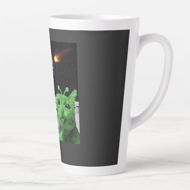 Mug de latte de mème de chat alien vert selfie UFO (Droite)