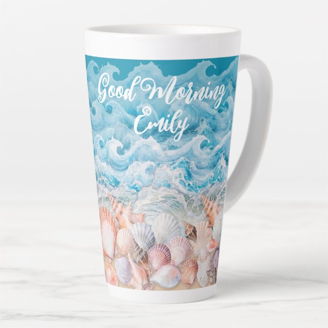 Mug de latte personnalisé de plage "Bonjour" (Angle droit)