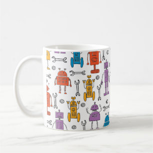 Mug De mignons robots à doodle. Motif sans couture. Ch