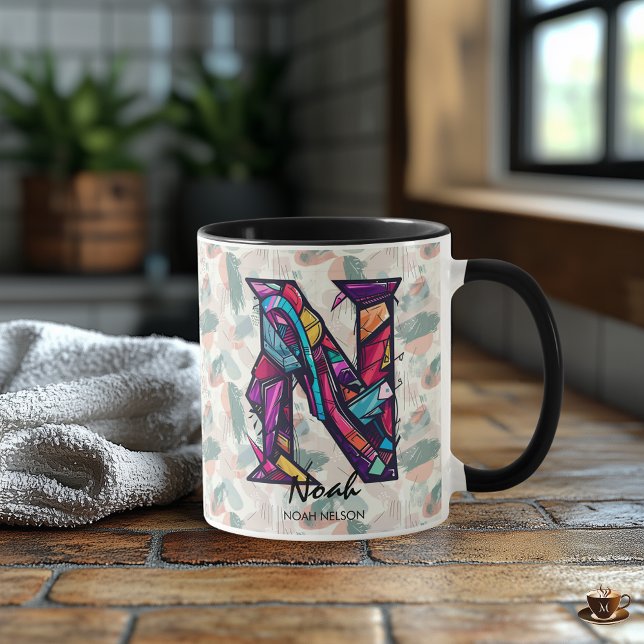 Mug de monogramme Abstrait dynamique - N pour Noah (Créateur téléchargé)