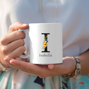 Mug de monogramme floral I avec nom modifiable