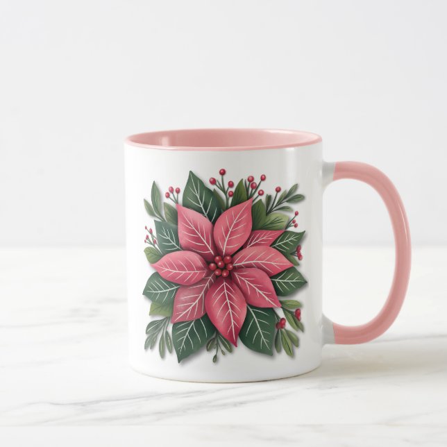 Mug de Noël rose Poinsettia avec un feuillage fest (Droite)