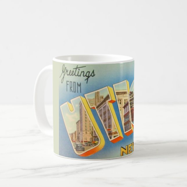 Mug de salutation rétro Utica New York (Devant gauche)