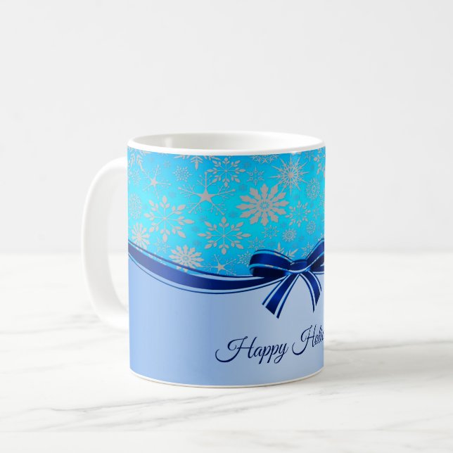 Mug de vacances à ruban bleu flocons de neige (Devant gauche)