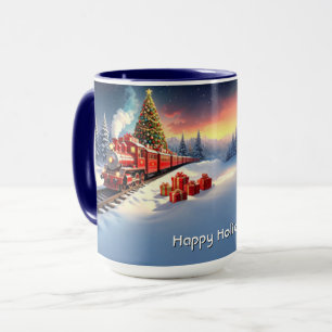 Mug de vacances d'arbre de Noël de train rouge