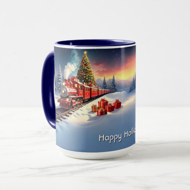 Mug de vacances d'arbre de Noël de train rouge (Devant gauche)