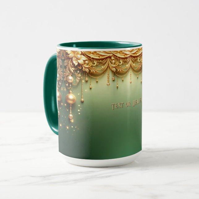 Mug de vacances vert festif Ornements Dorés (Devant gauche)