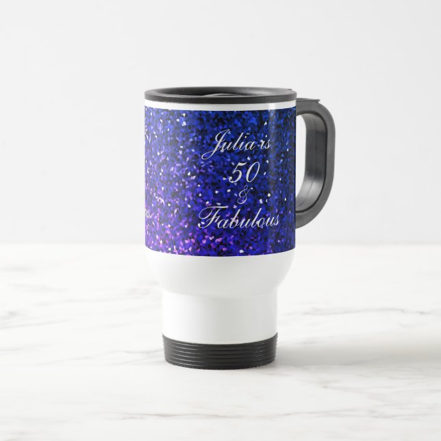 Mug De Voyage 50 Fabuleux Anniversaire Parties scintillant Bleue (Devant droit)