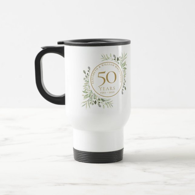 Mug De Voyage 50e Anniversaire de Mariage Aquarelle Feuilles  (Gauche)