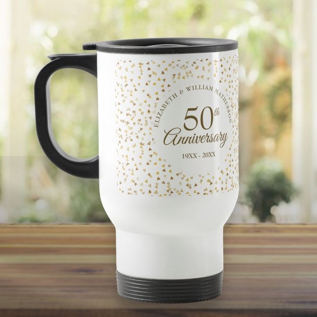 Mug De Voyage 50e Anniversaire de Mariage Cœurs Dorés (50th Wedding Anniversary Golden Hearts Travel Mug)