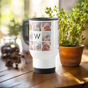 Mug De Voyage 8 Collage Photo Monogramme Personnalisé Noir et Bl