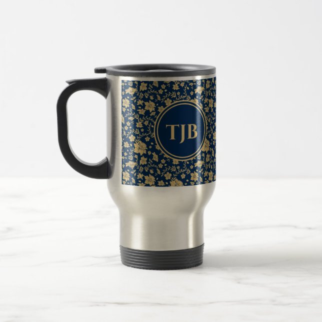 Mug de voyage à fleurs bleu marine personnalisé en (Gauche)
