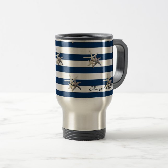 Mug De Voyage Aimable Starfish, Bleu Marine Bleu Bandes Personna (Devant droit)