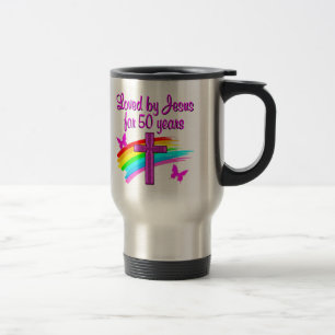 MUG DE VOYAGE AIMÉ PAR DIEU 50E ANNIVERSAIRE DESIGN