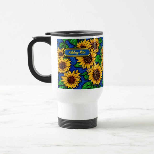 Mug De Voyage Ajouter le nom Golden Sunflowers & Feuilles sur Da (Gauche)