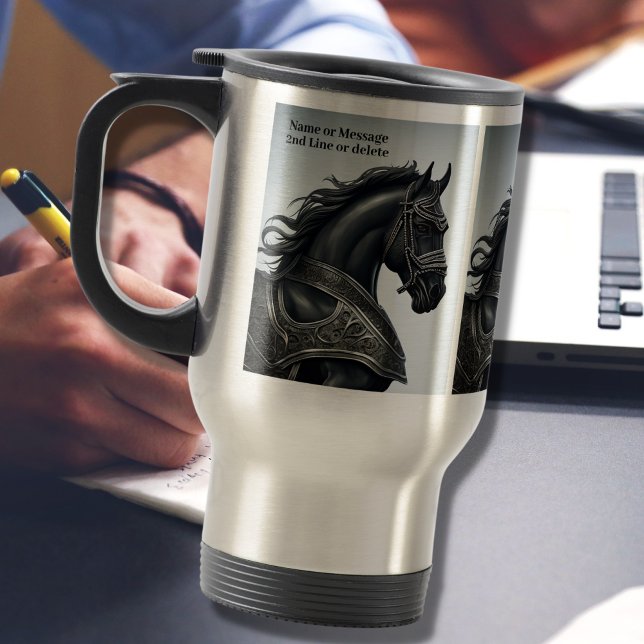 Mug De Voyage Ajouter un message de nom, Cheval Noir Fort avec A (Créateur téléchargé)