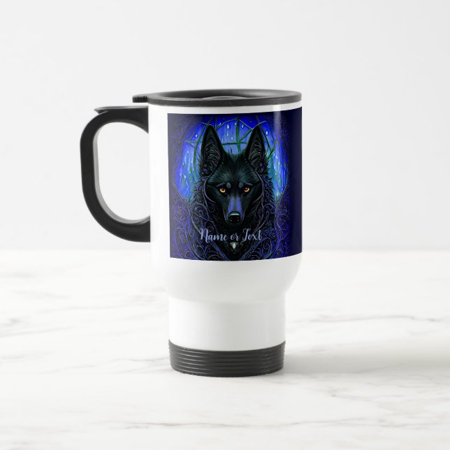 Mug De Voyage Ajouter un nom Texte, Loup Noir Chien sur Bleu (Gauche)