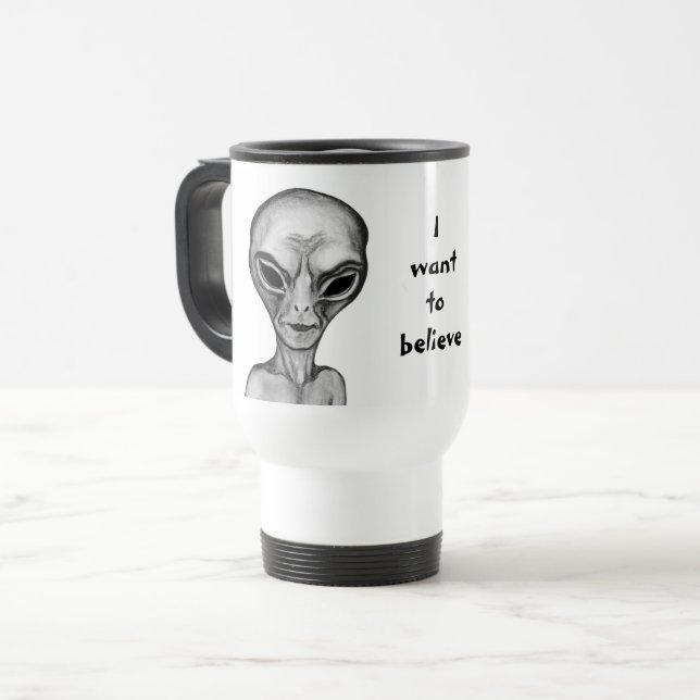 Mug De Voyage Alien gris, je veux croire (Devant gauche)