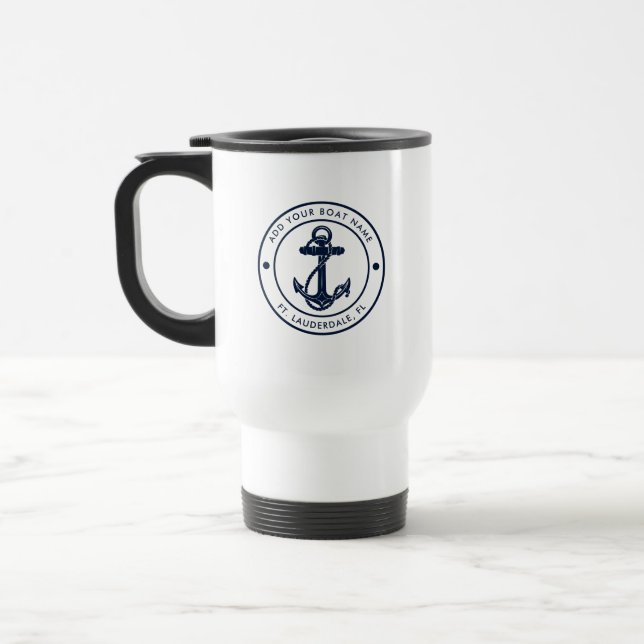 Mug De Voyage Ancre nautique Nom du bateau bleu marine Personnal (Gauche)