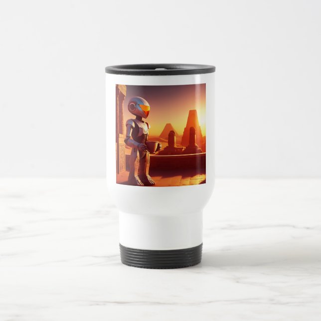 Mug De Voyage Android Buvant du Café Regardant les Pyramides (Centre)