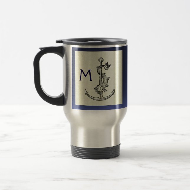 Mug De Voyage ANTIQUE ANCRE & POISSON NAUTIQUE Marine Blue Monog (Gauche)