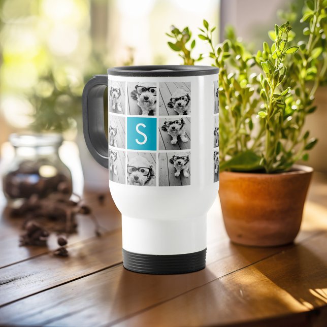 Mug De Voyage Aqua Blue Photo Collage personnalisé Monogramme (Personalized travel mug - add photos and text or customize completely)
