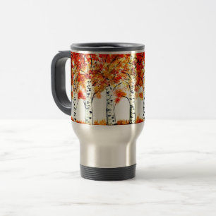 Mug De Voyage Aquarelle Oiseaux Arbres Automne Orange Feuille