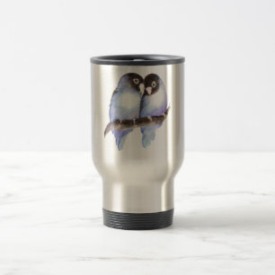 Mug De Voyage Aquarelle originale Bleu Lovebirds, Oiseau