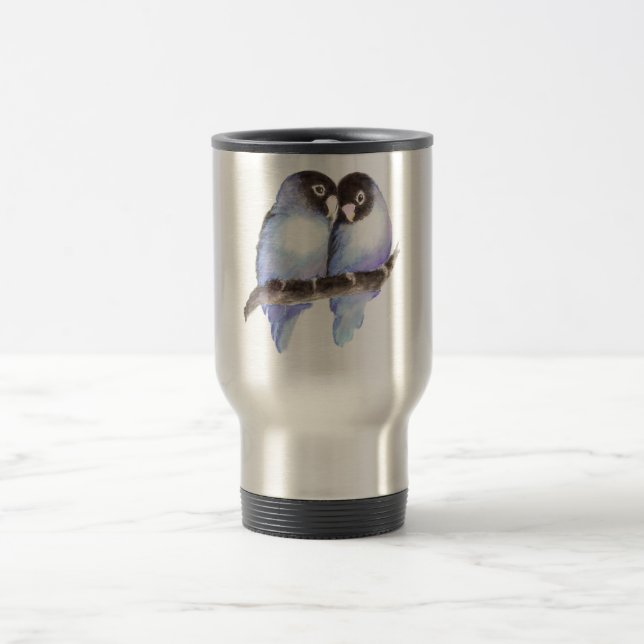Mug De Voyage Aquarelle originale Bleu Lovebirds, Oiseau (Centre)