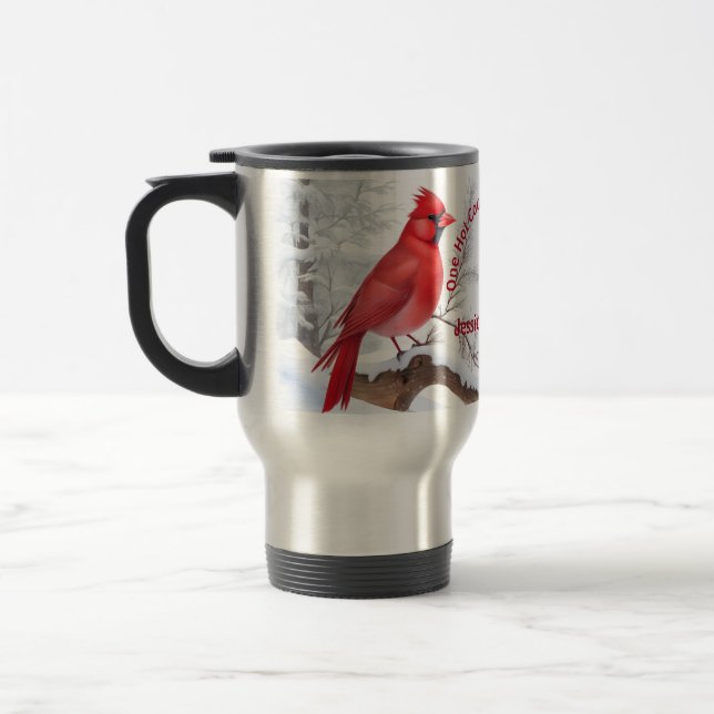 Mug De Voyage Aquarelle Rouge Cardinal Bird Nom et texte personn (Gauche)