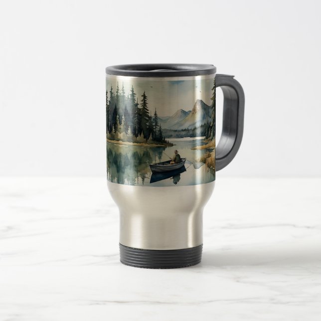 Mug De Voyage Aquarelle Wilderness Fishing Lake in Boat (Devant droit)