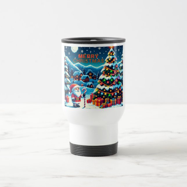 Mug De Voyage arbre de Noël 8 bits & Père Noël (Centre)