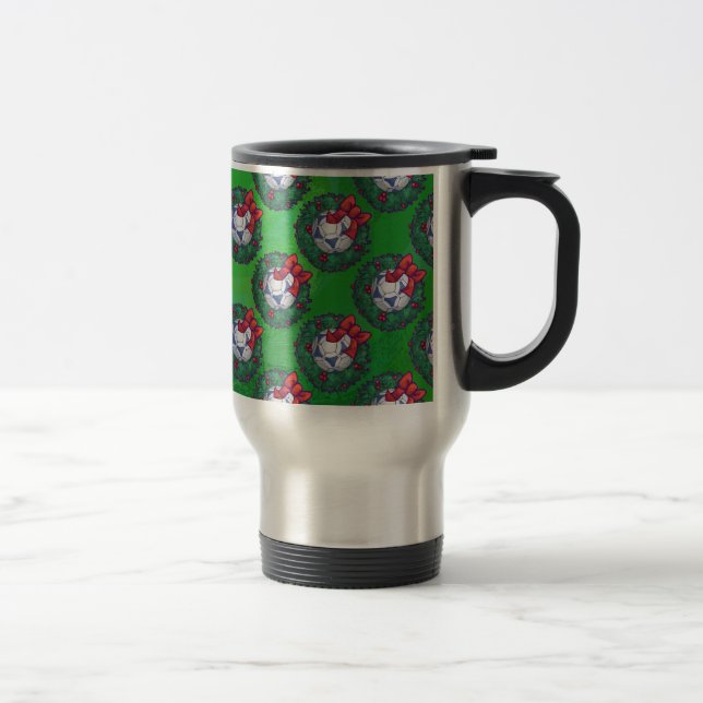 Mug De Voyage Bal de soccer blanc et bleu sur vert (Droit)