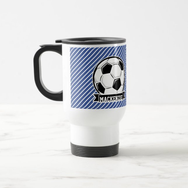Mug De Voyage Balle de Football, Bleu & Blancs, Sports (Gauche)