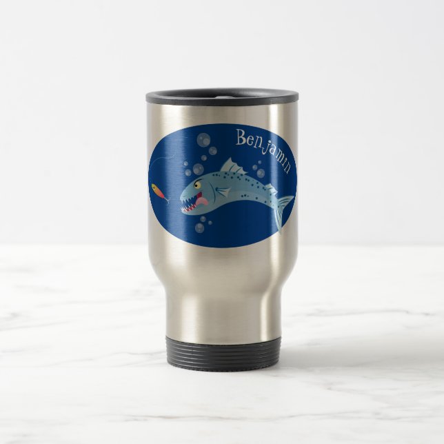 Mug De Voyage Barracuda poisson affamé de la pêche dessin animé (Centre)