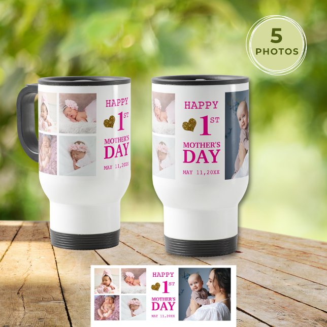 Mug De Voyage Bébé rose 1ère Fête des Mères 5 Photo Collage (Pink Baby Girl 1st Mother's Day 5 Photo Collage Travel Mug
)