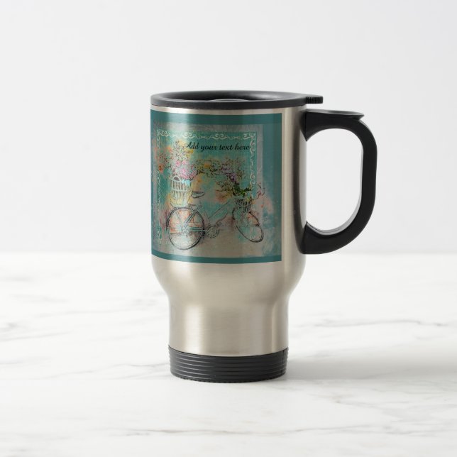 Mug De Voyage Bicycle with flower baskets on blue burlap (Droit)