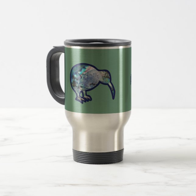 Mug De Voyage Bird Shiny Pāua Kiwi sur Pale Green, avec nom (Devant gauche)