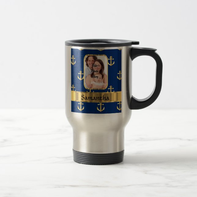 Mug De Voyage Bleu de Nutical et ancre d'or modelée (Droit)
