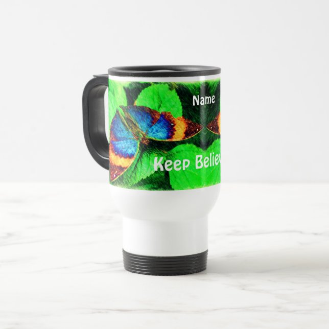 Mug De Voyage Bleu Papillon Croire des mots inspirants (Devant gauche)