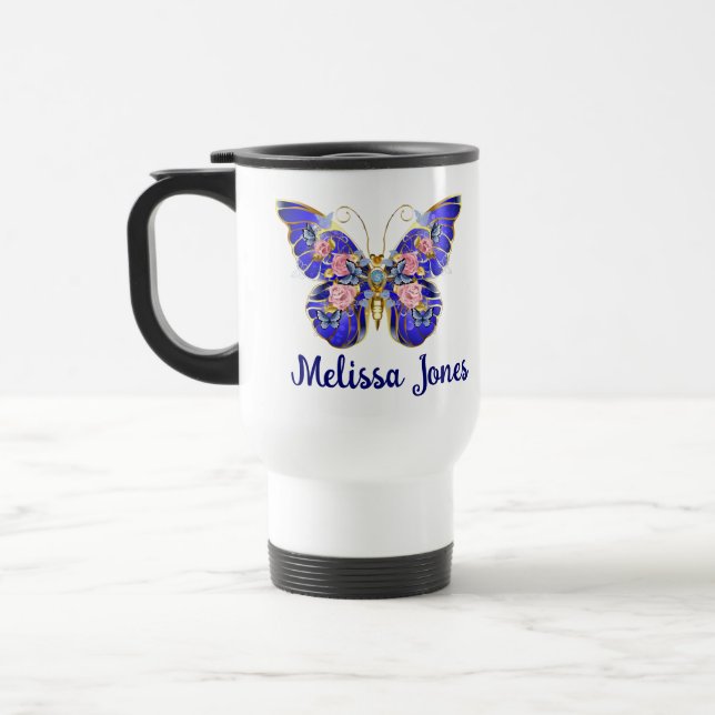Mug De Voyage Bleu Rose Bleu Papillon Or Nom Floral Blanc (Gauche)