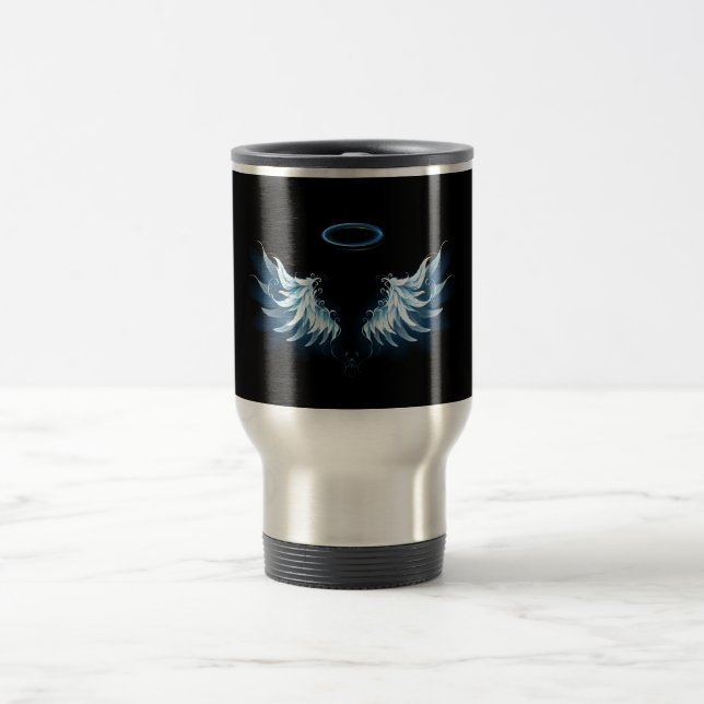 Mug De Voyage Blue Glowing Angel Wings on black background (Centre)