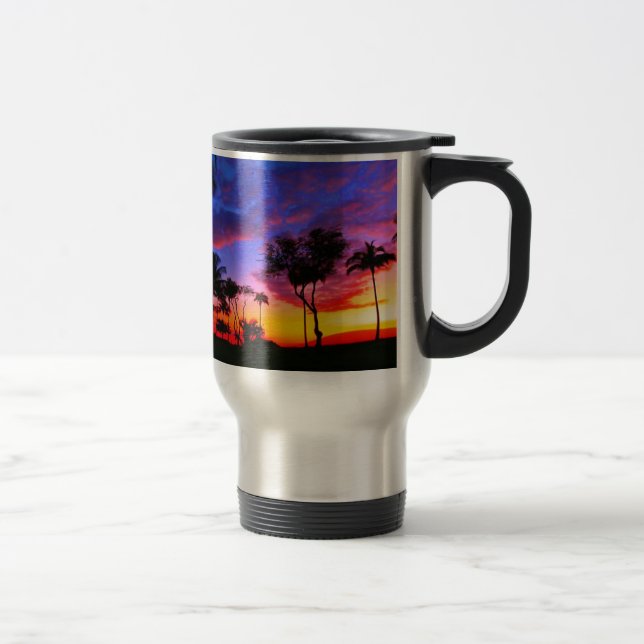 Mug De Voyage Blue Red Sunset Exotic Hawaiian Beach Palm Trees (Droit)