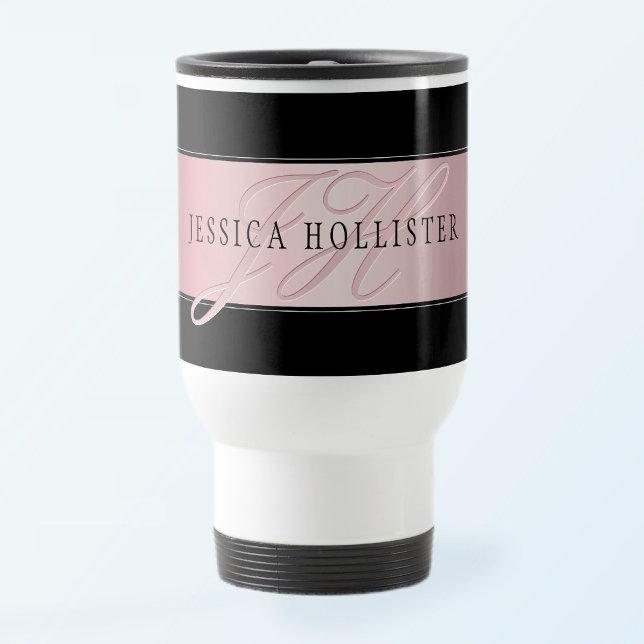 Mug De Voyage Blush Élégant Faux Or Rose | Nom & Initiales (Créateur téléchargé)