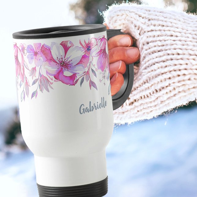 Mug De Voyage Bordure de fleur rose et nom du script de brosse (Créateur téléchargé)