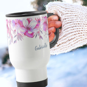 Mug De Voyage Bordure de fleurs roses et nom de script de pincea
