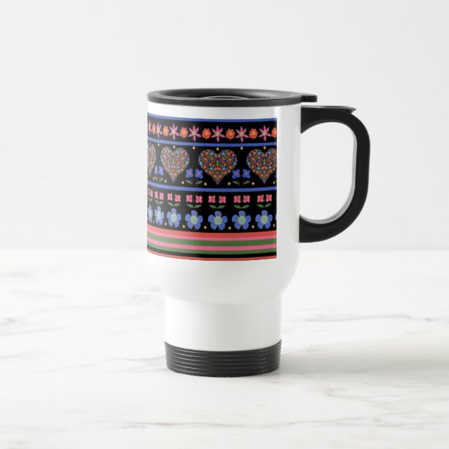 Mug De Voyage Bordure style art populaire, noir anti-déversement (Droite)