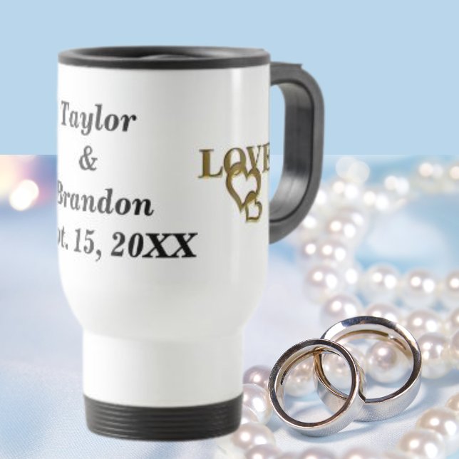Mug De Voyage Bride & Groom Custom Name & Date Gold Love Hearts (Bride & Groom Custom Name & Date Gold Love Hearts Travel Mug)