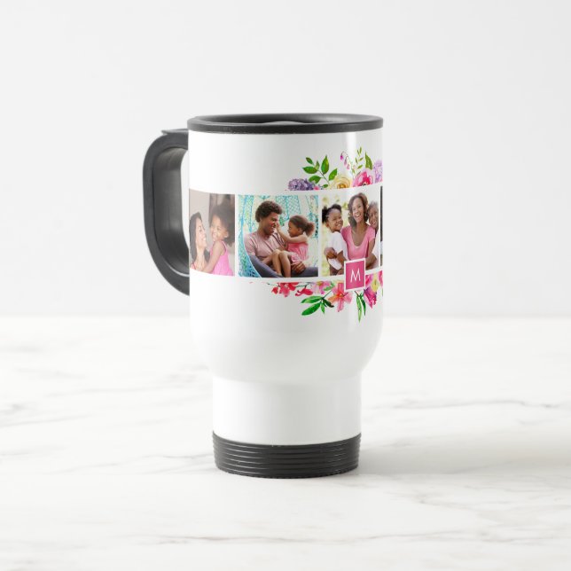 Mug De Voyage Bright Blooms 5 Photo Collage Monogramme (Devant gauche)